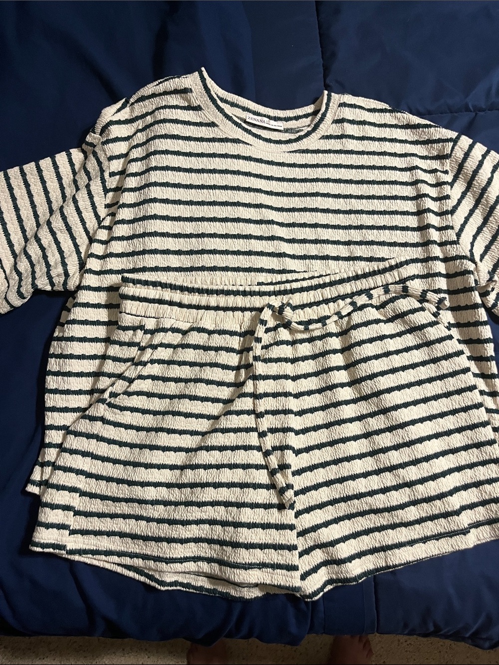 Zenana Outfitters Cream and Black Striped Lounge Athletic Shorts Set